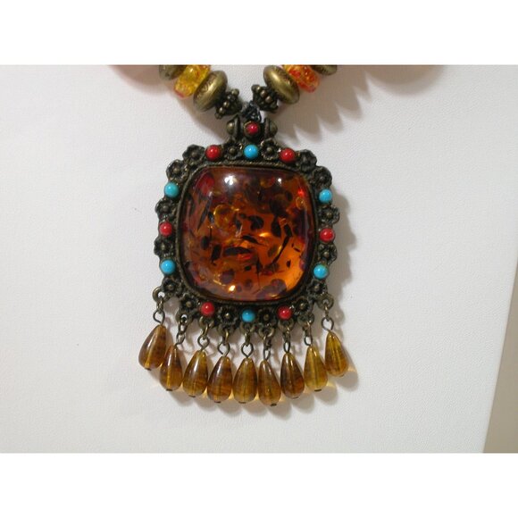 Vintage Amber Beaded Necklace With Ornate Pendant & Dangle Drops - Picture 2 of 7
